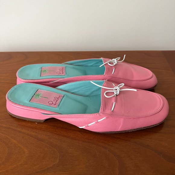 Lilly Pulitzer Pink Soft Leather Slides with White Trim White Bow Size 6.5 - Picture 1 of 4